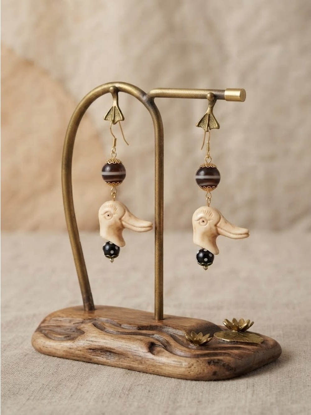 Handmade Carved & Dyed Bone Bead Duck Earrings 🧁